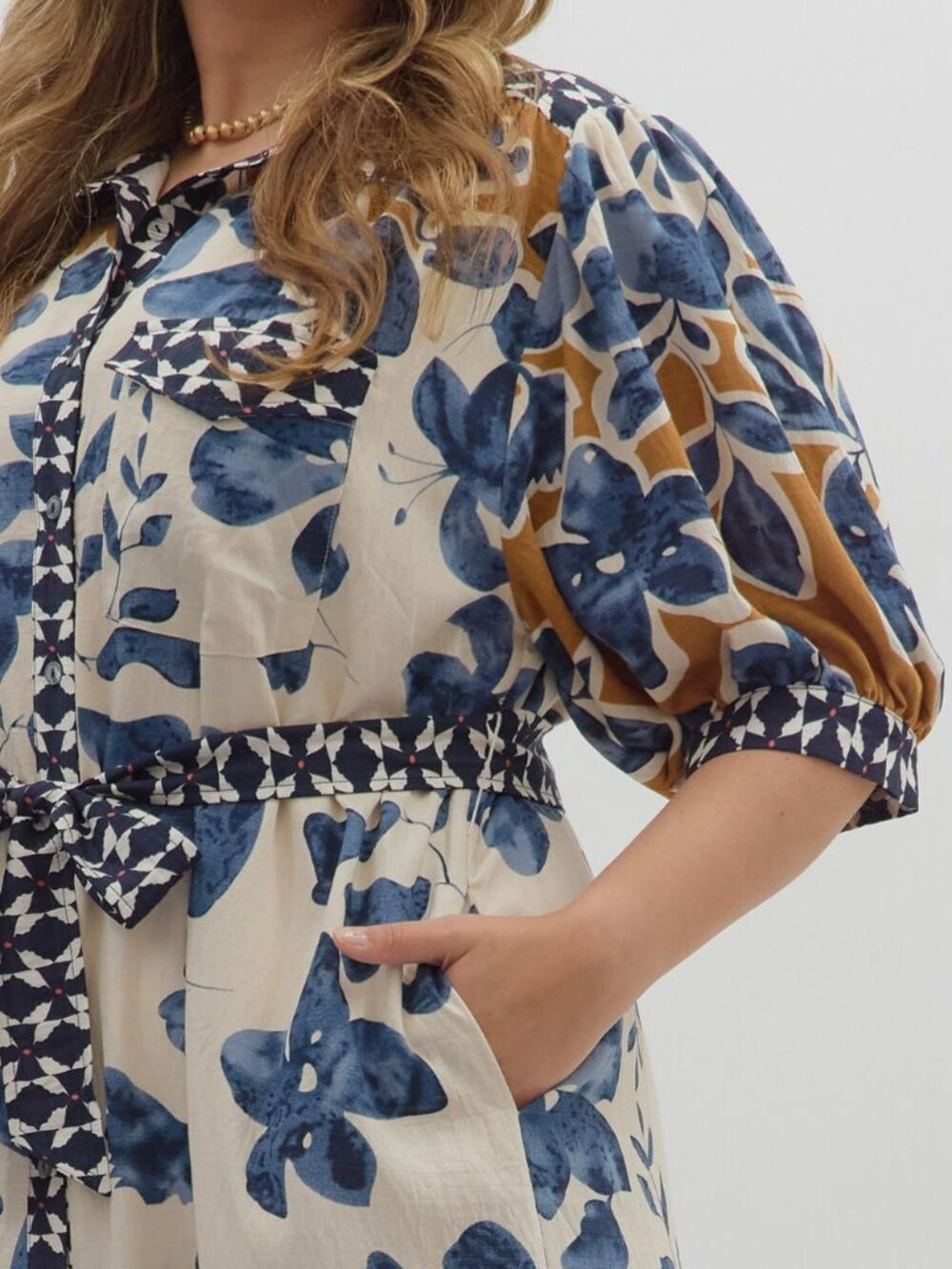 NWT Entro Slate Blue Botanical Midi Shirt Dress with Tie Waist (Plus Sizes) - Picture 6 of 7